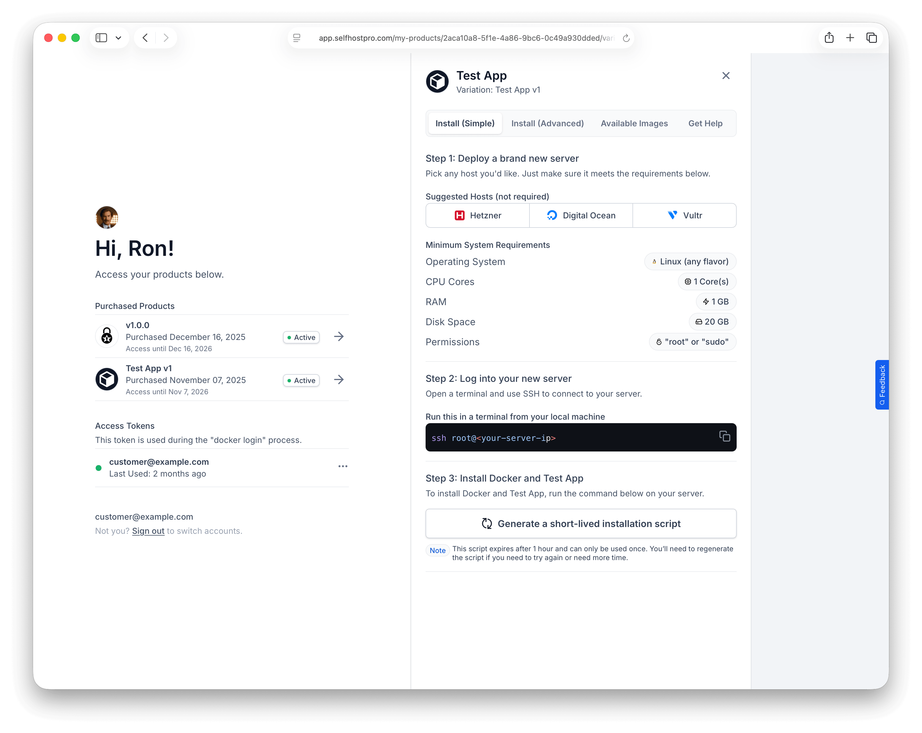 Install Simple tab with Generate Installation Script button and curl command