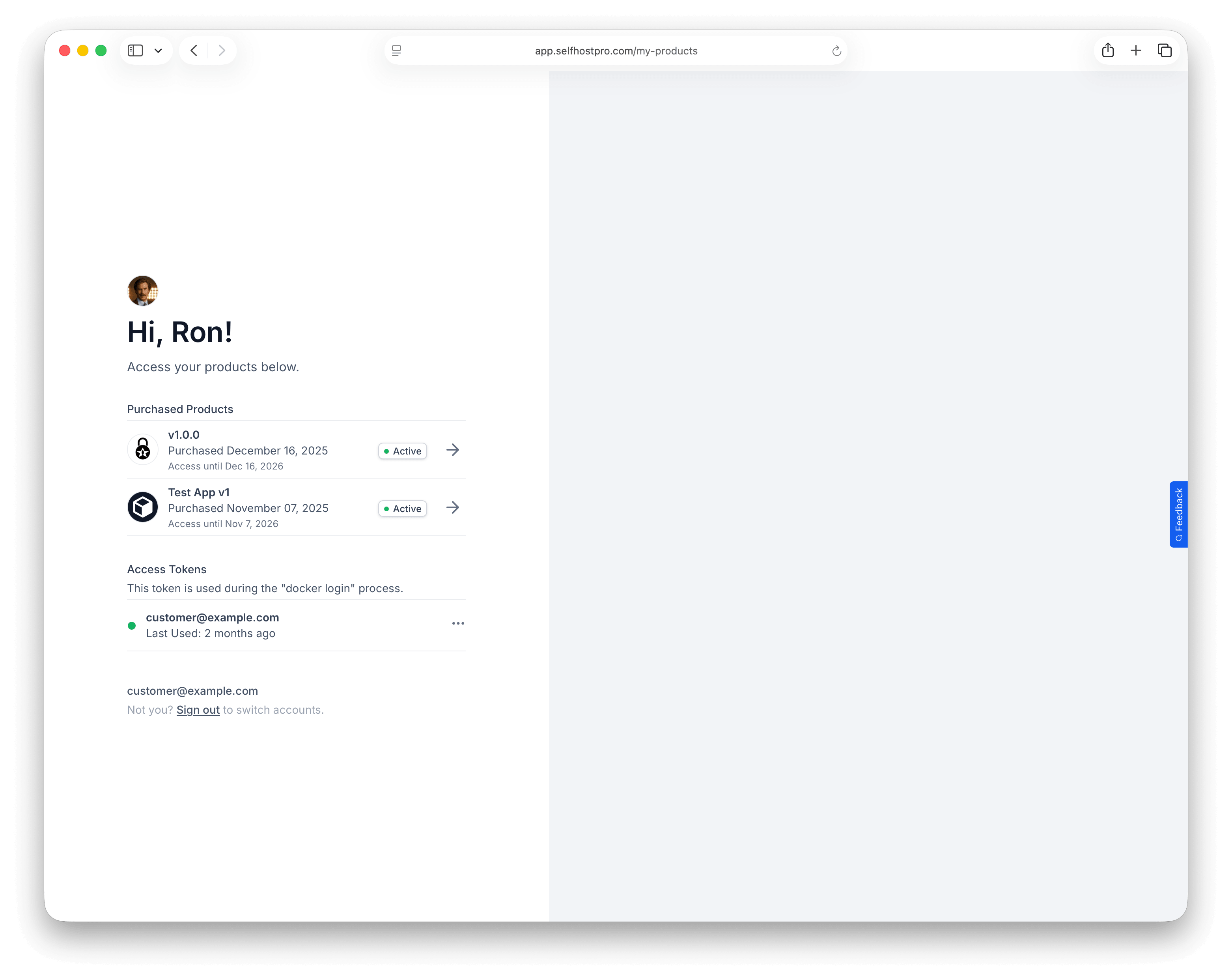 Customer My Products dashboard showing purchased products with status badges