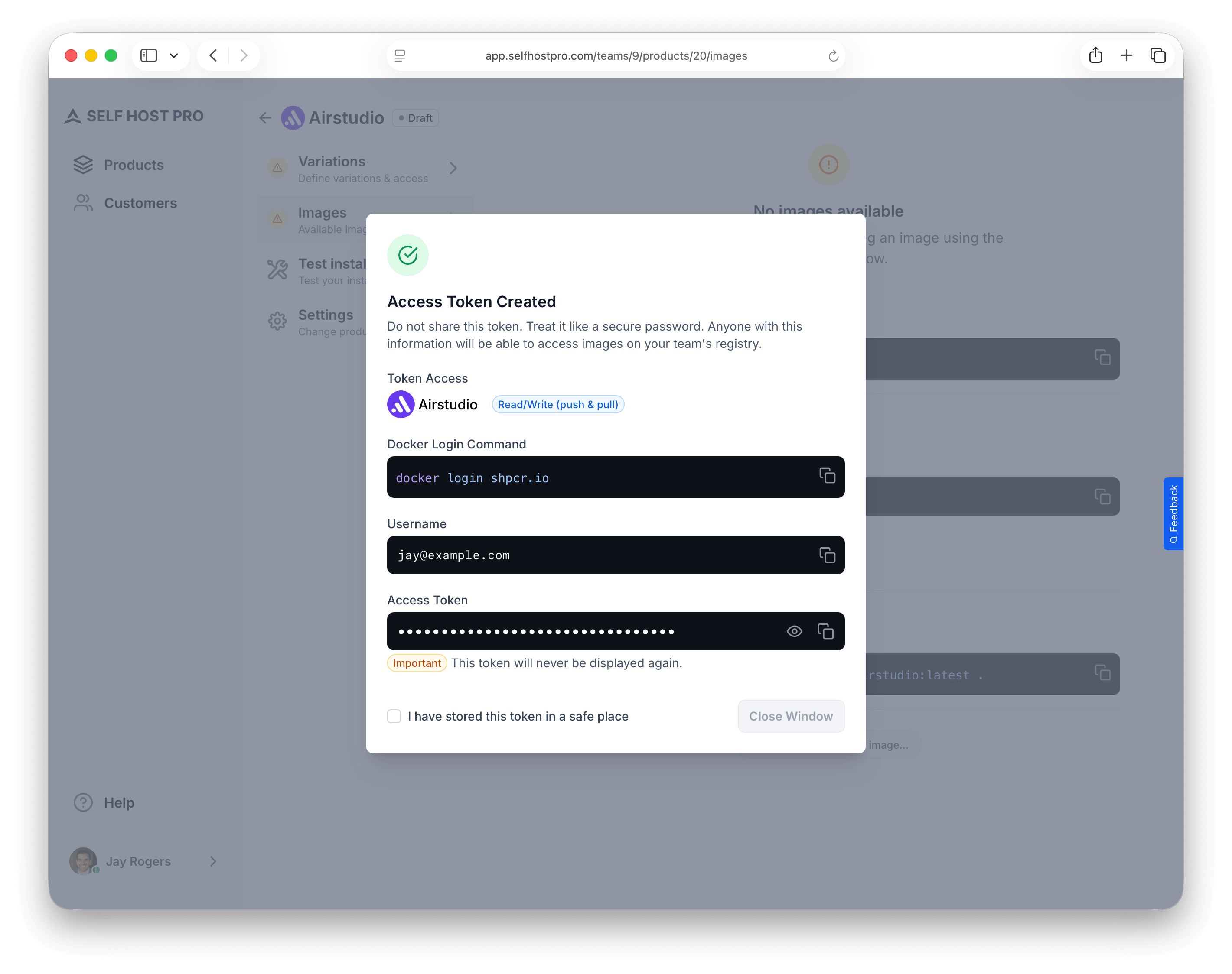 Generate Access Token modal displaying username and one-time token credentials