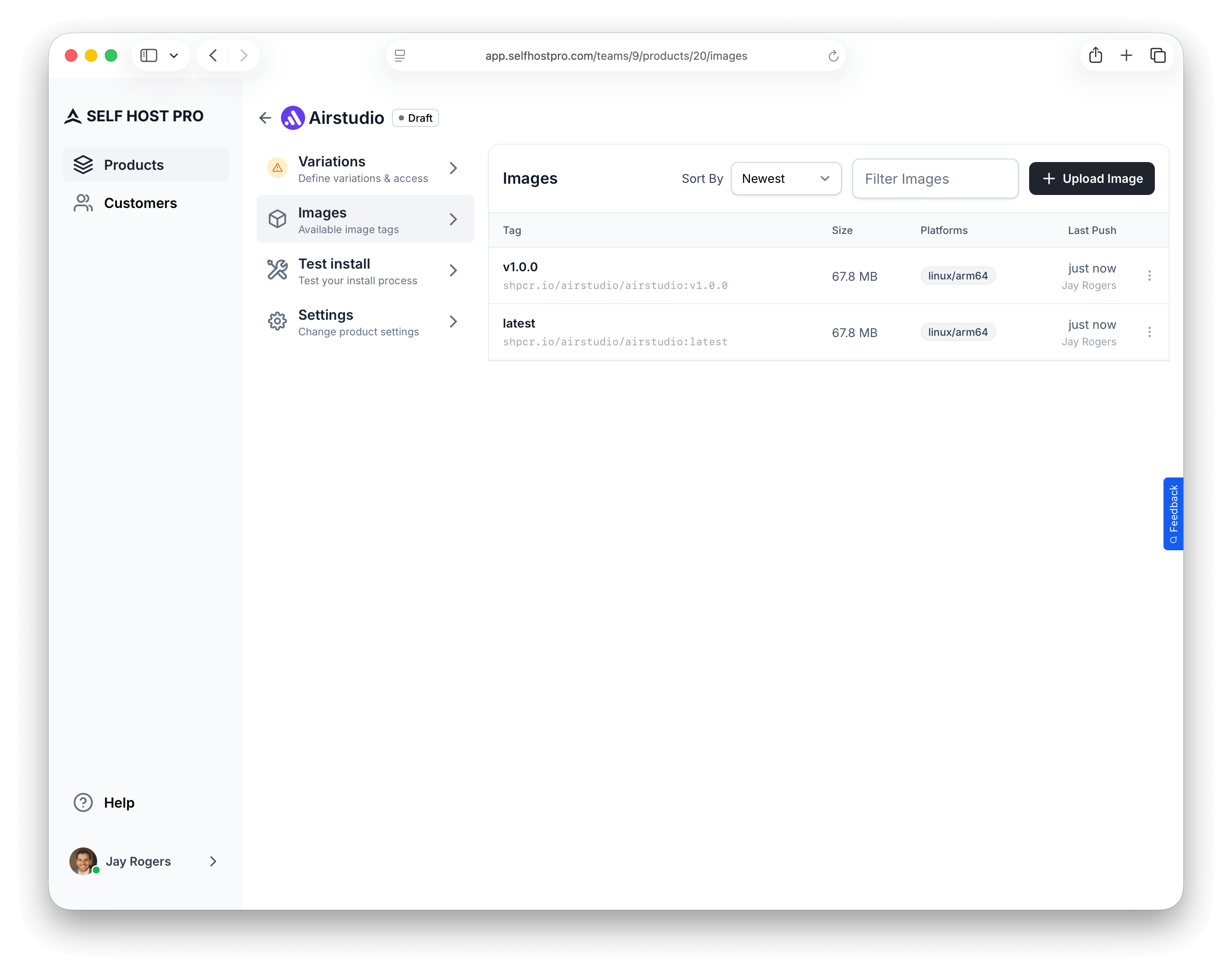 Images tab showing pushed Docker tags with size, platform, and timestamp