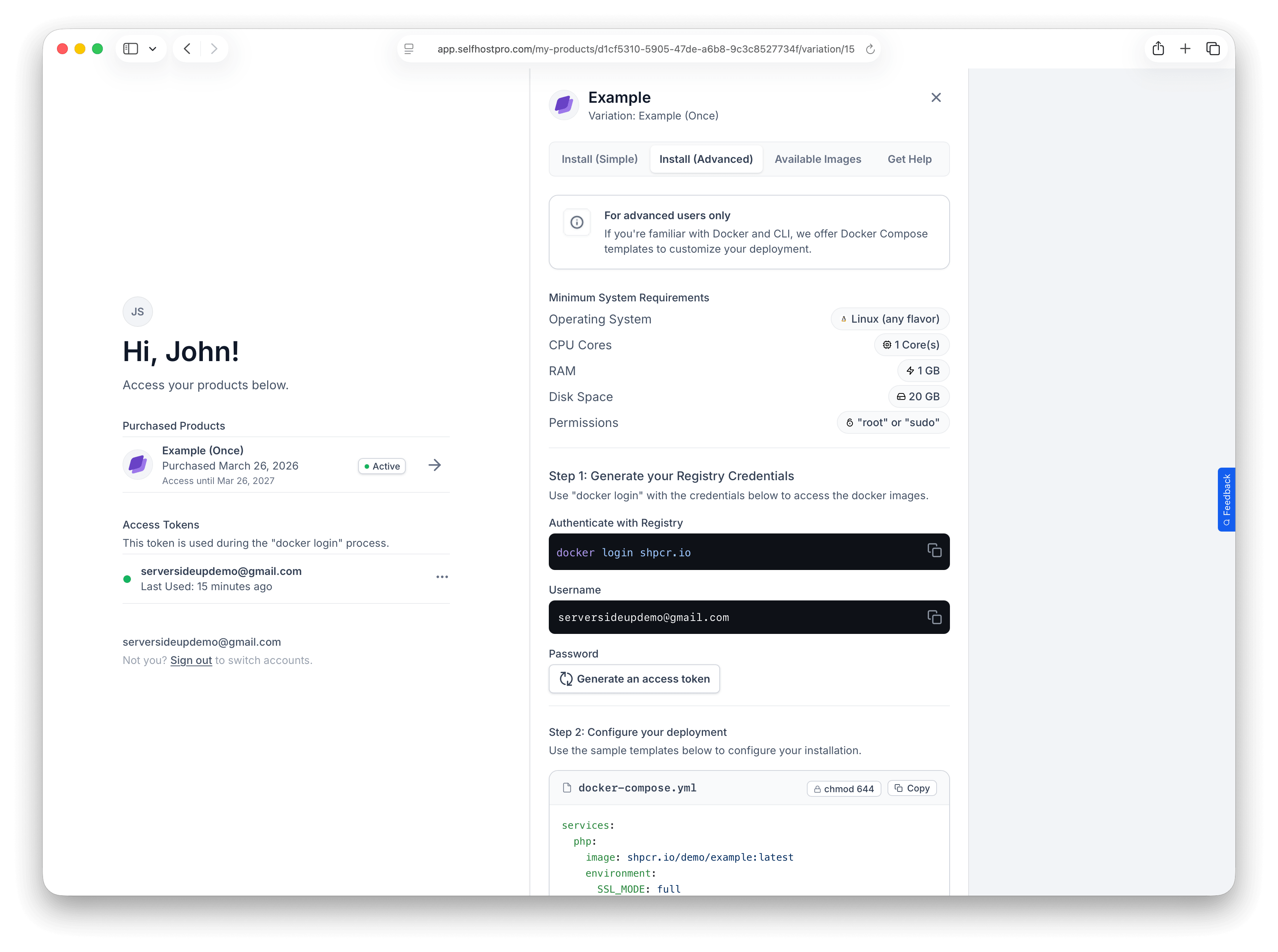 Install Advanced tab with system requirements, registry credentials, and Docker Compose template