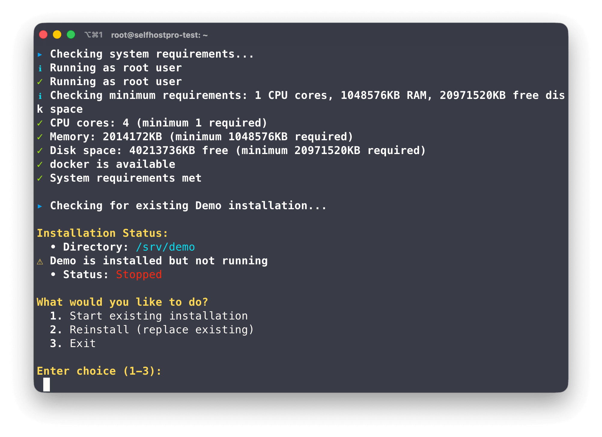 Terminal output showing existing installation detection with management options