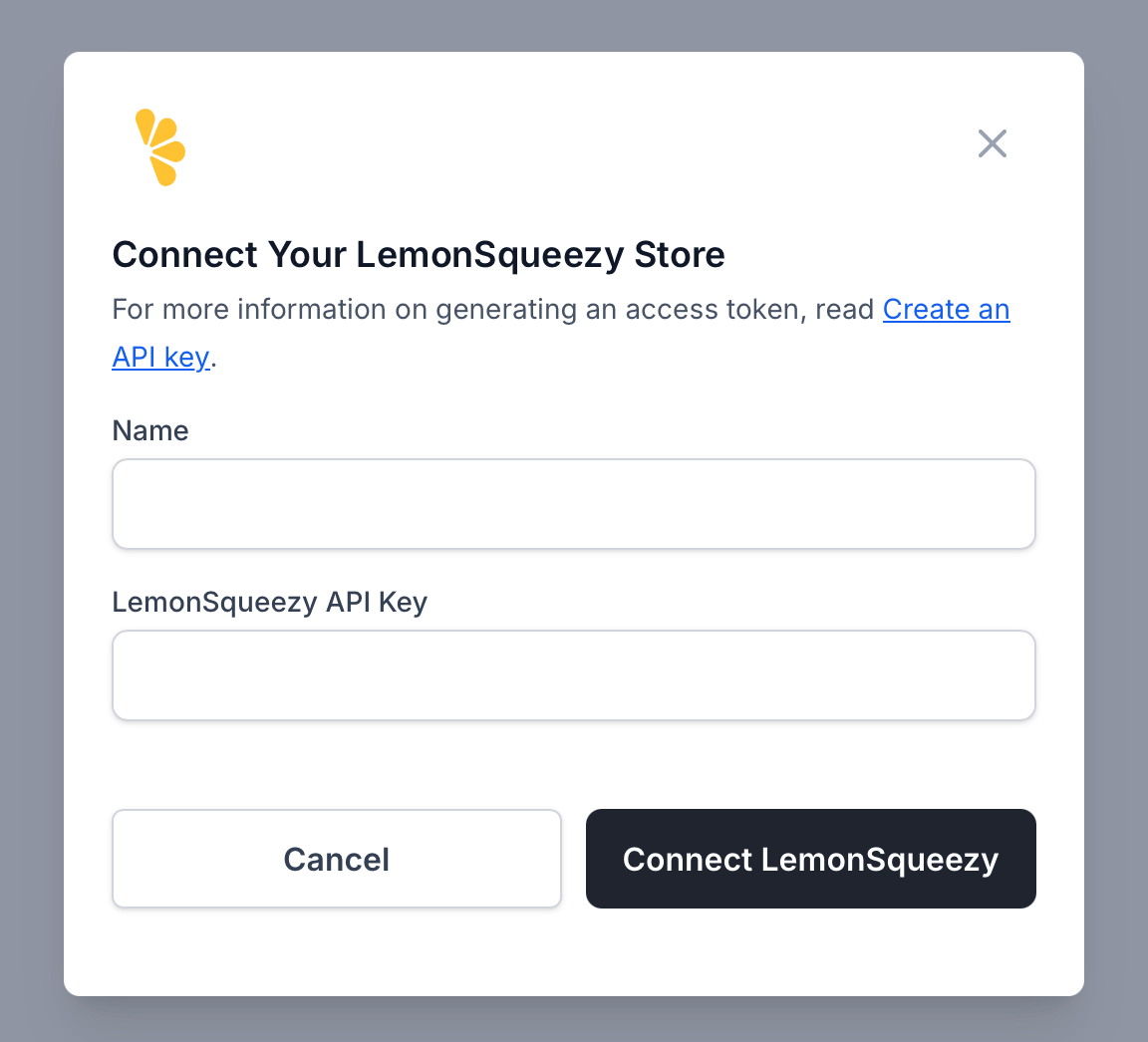 Connect Lemon Squeezy form with integration name and API key fields