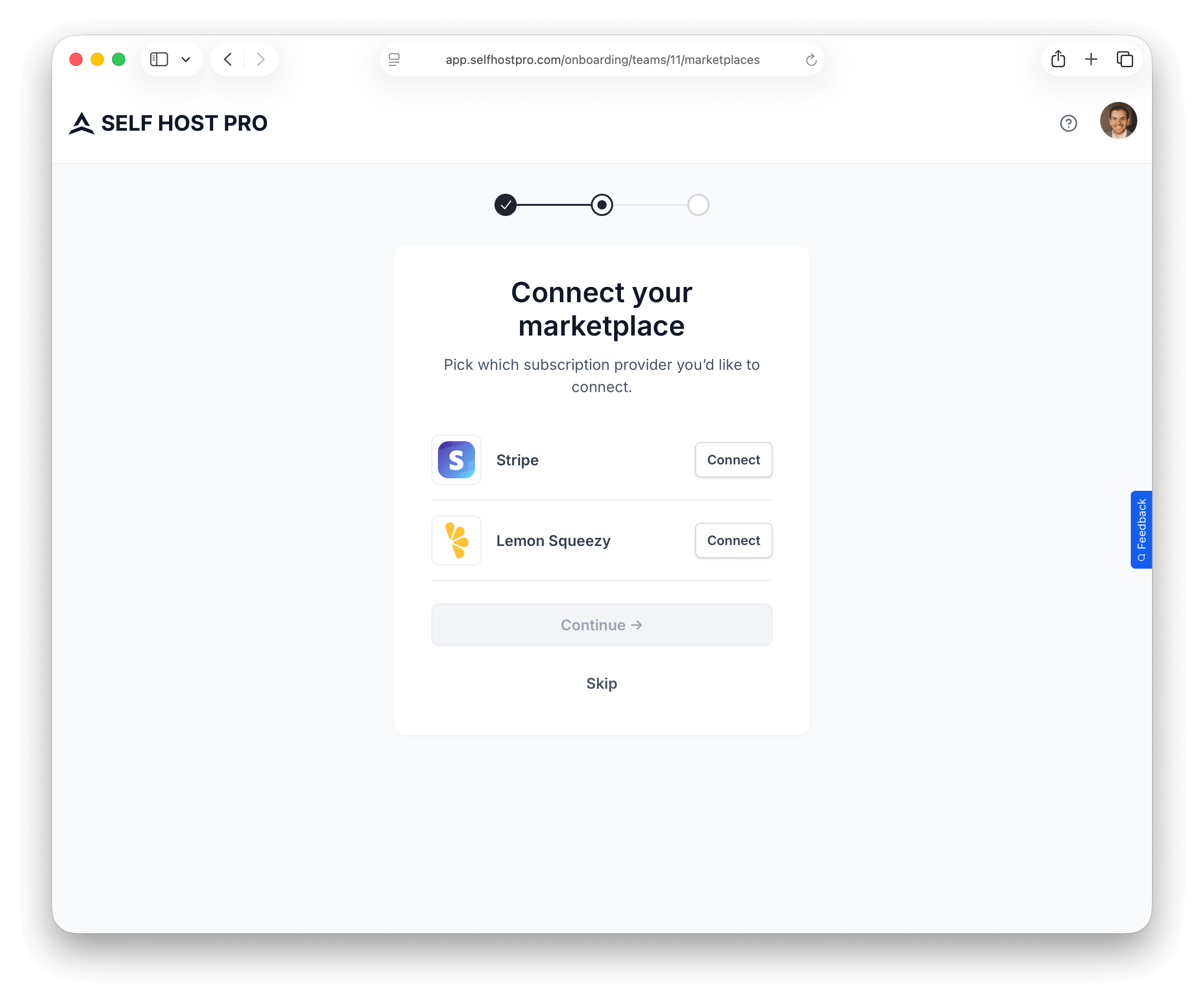 Onboarding step to connect Stripe or Lemon Squeezy as a payment provider