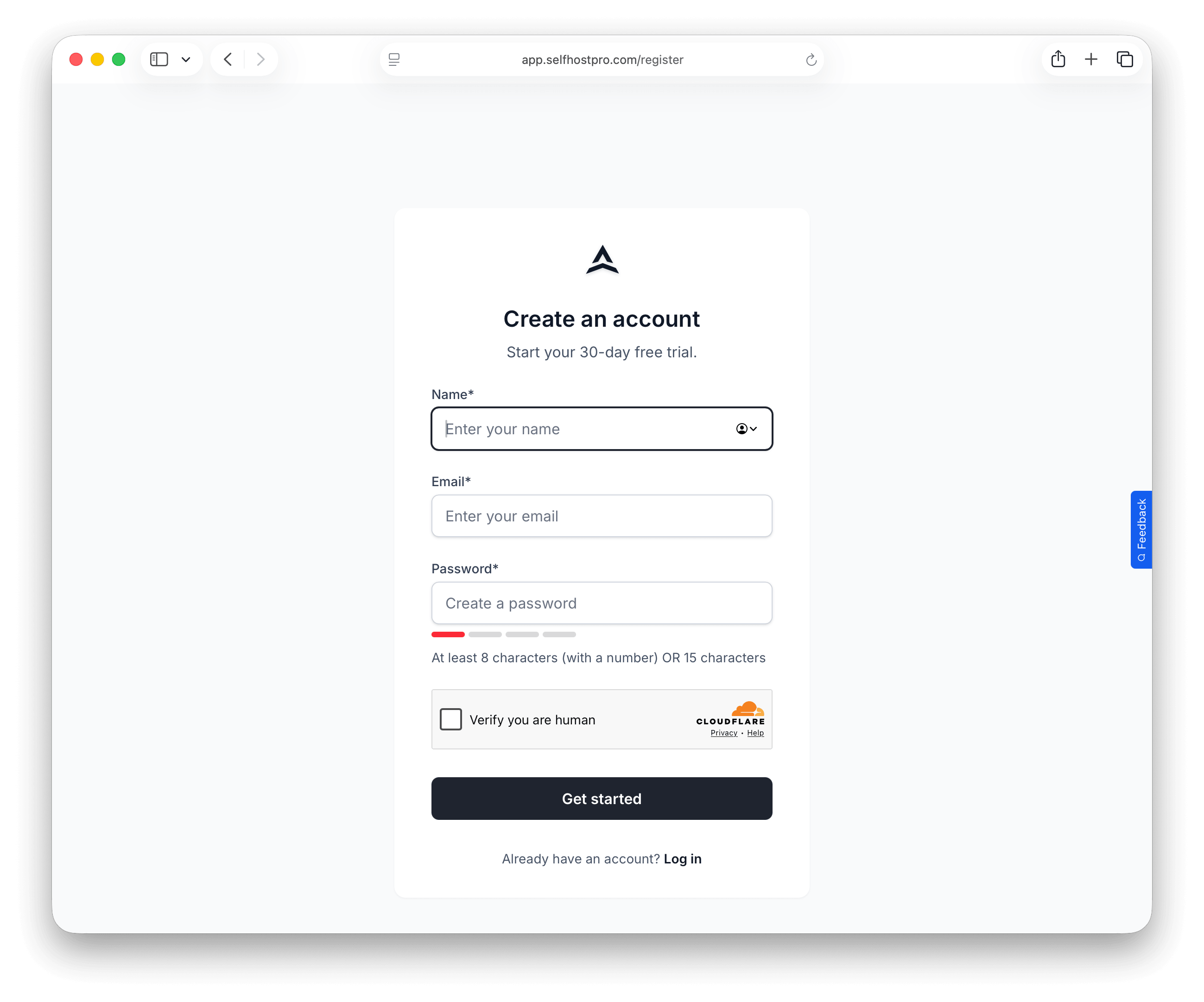 Self-Host Pro registration page with email and password fields