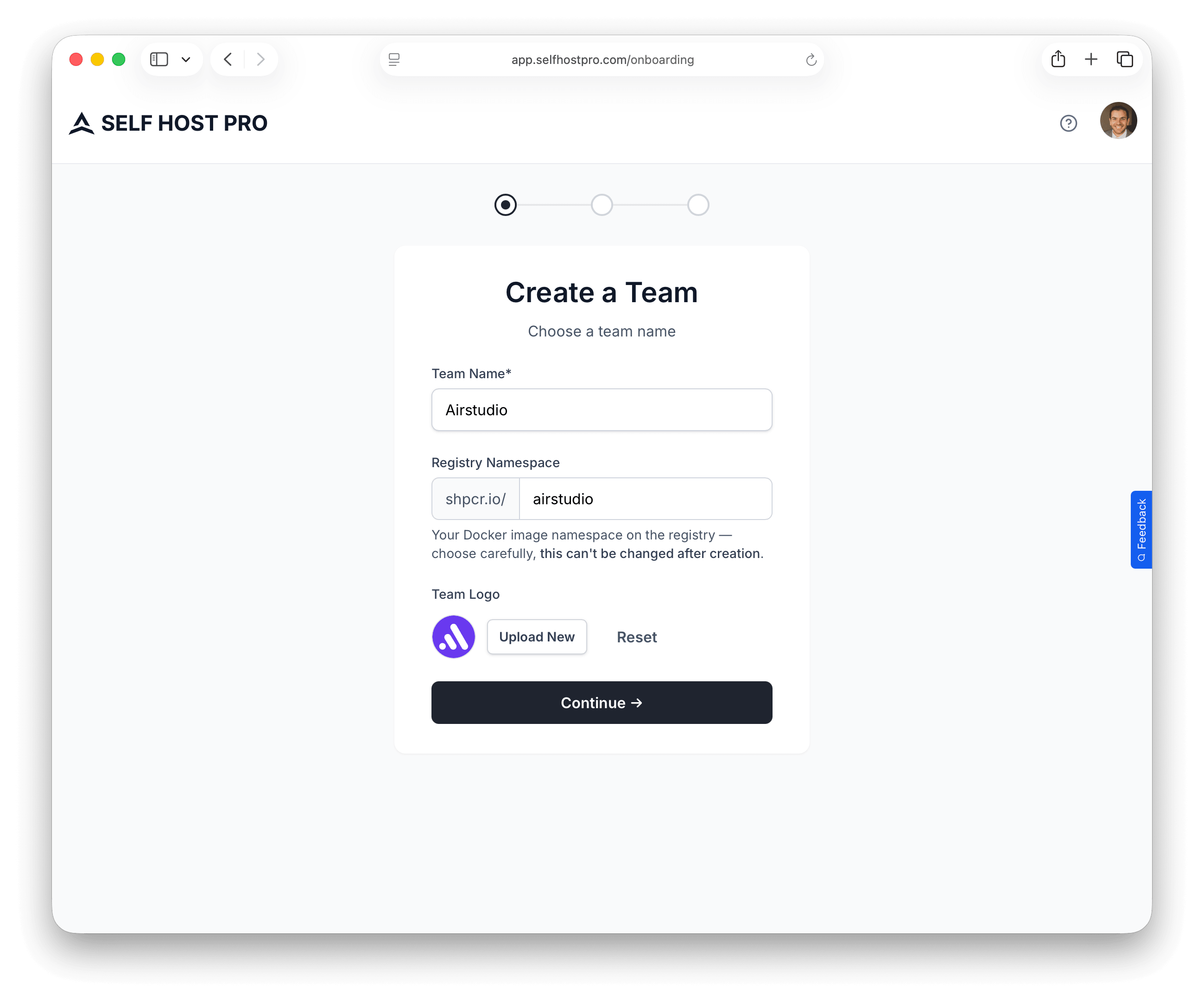 Onboarding wizard showing team name, URL, and logo configuration