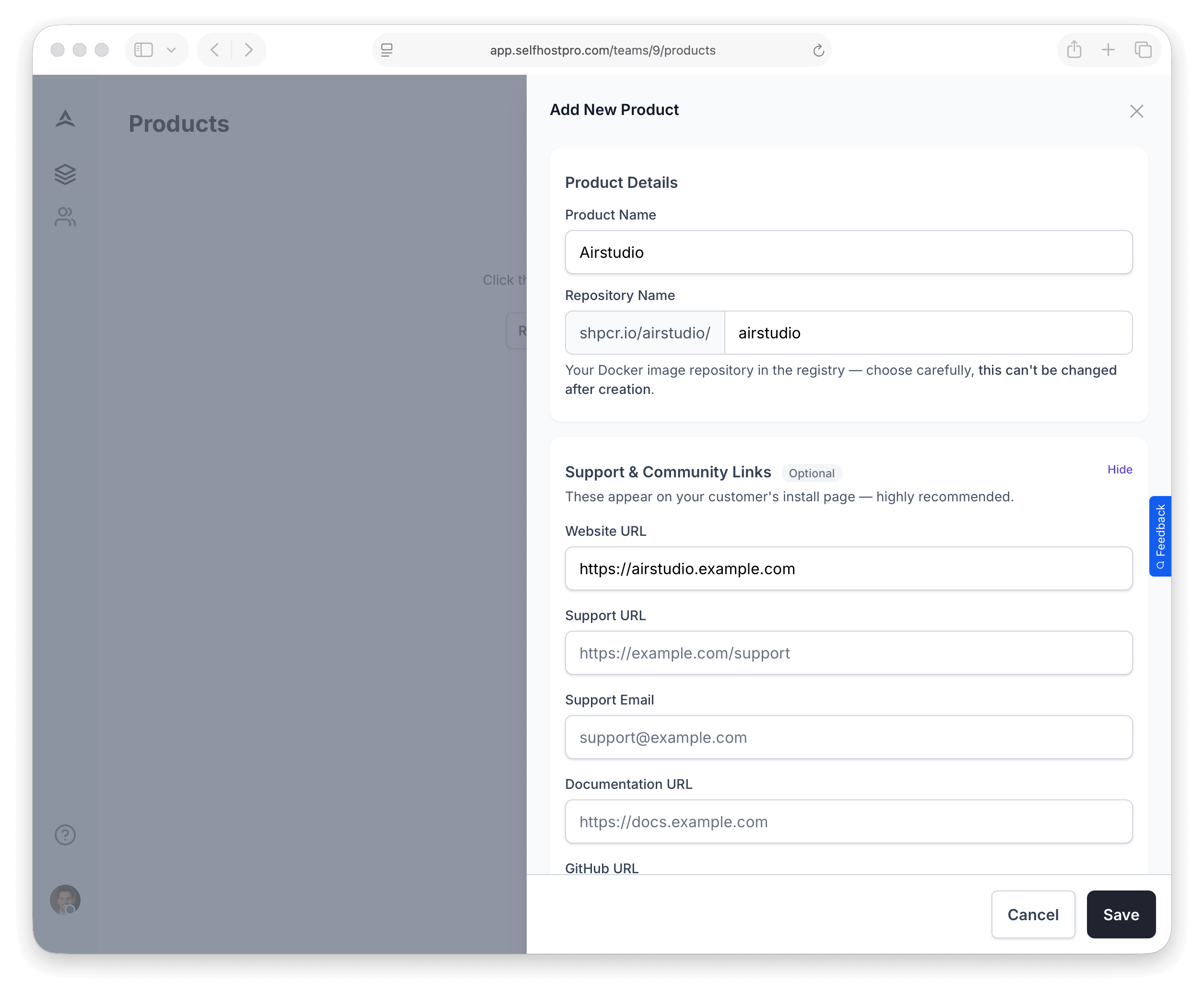 Add Product form with name, URL, logo, and support link fields