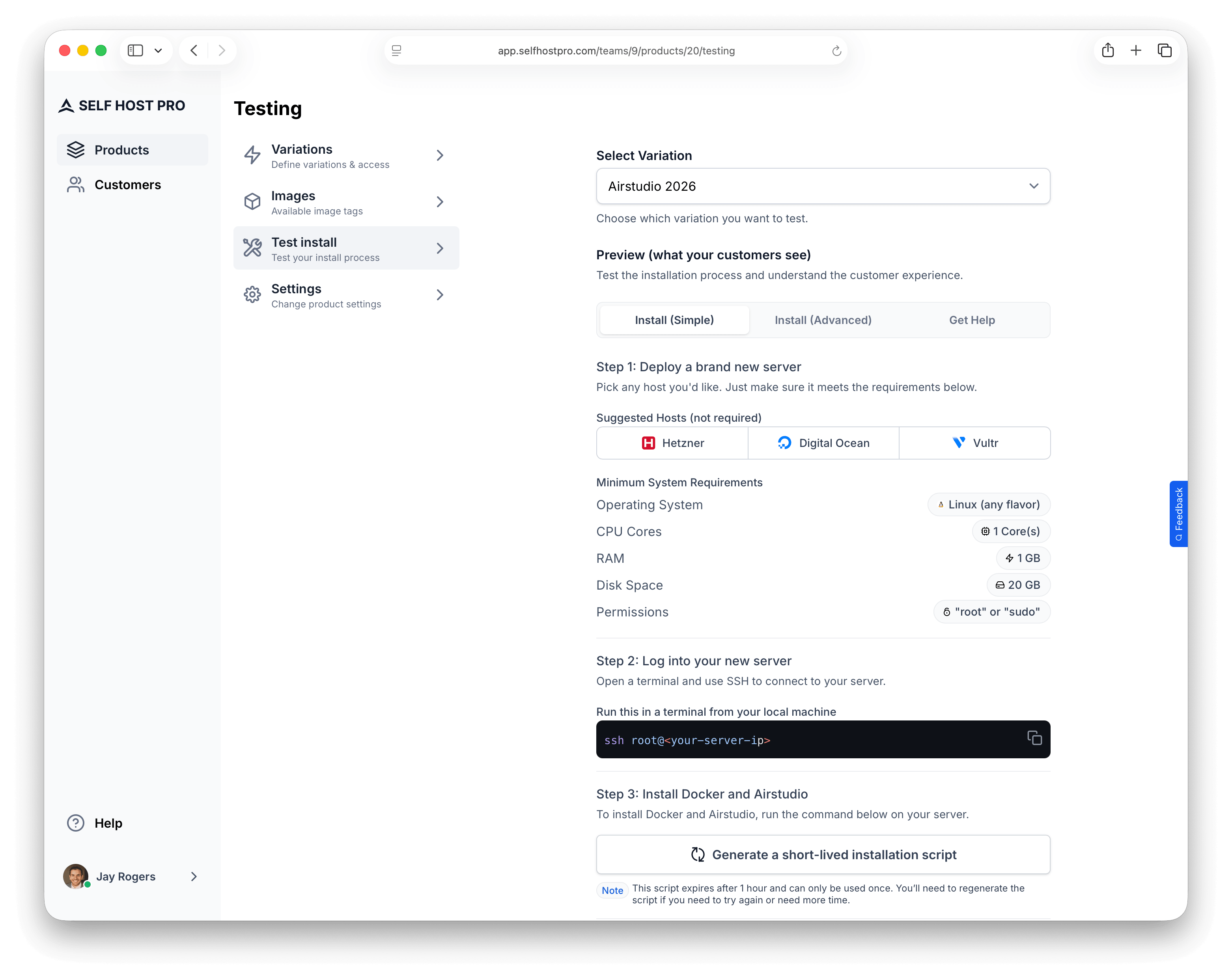 Test install button and modal with generated installation script command