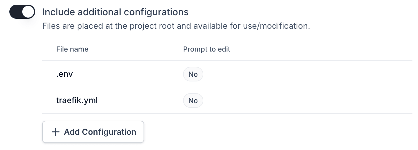 Configuration files section with file entries showing permissions, ownership, and edit options