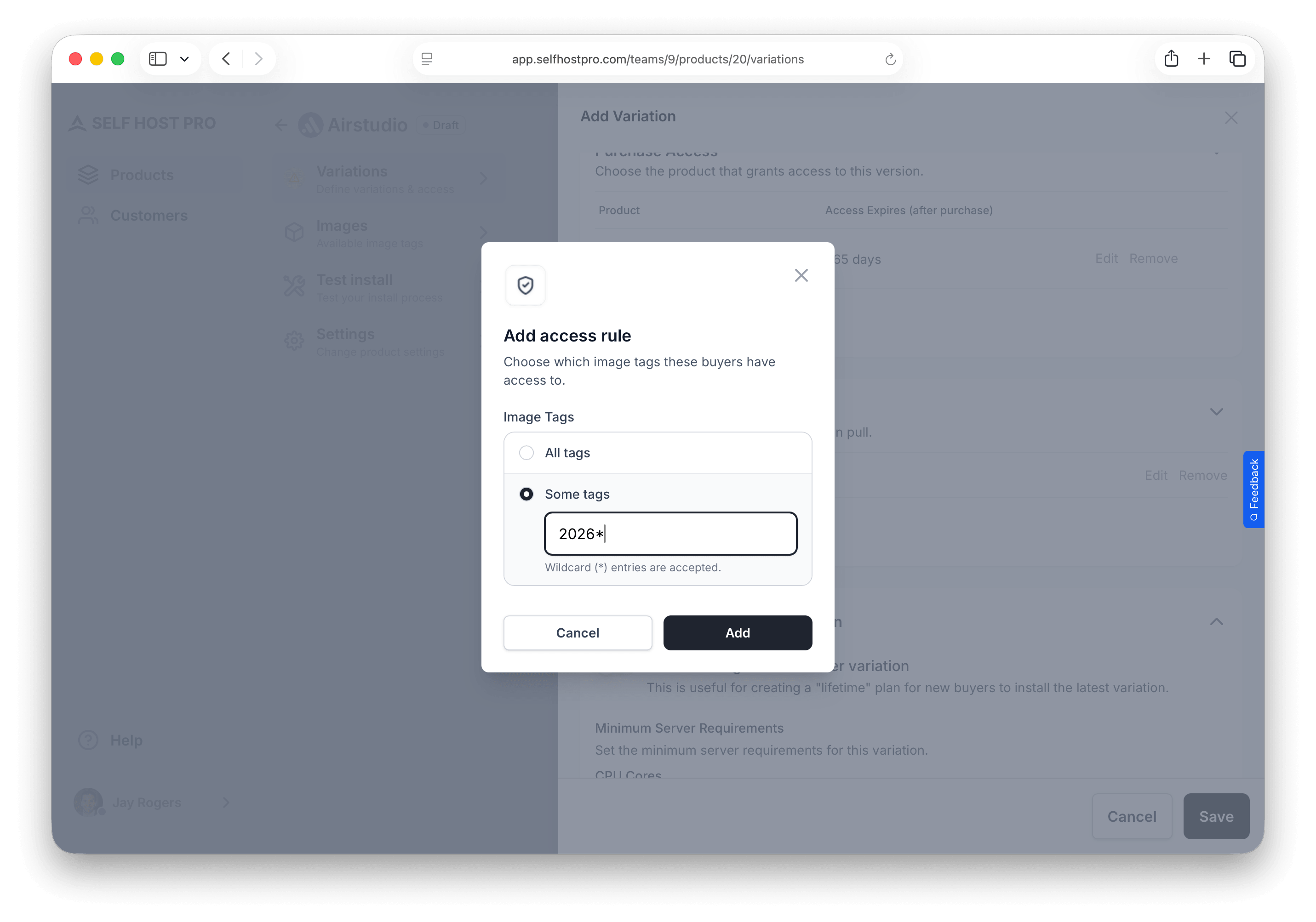 Image Tag Rules interface showing the All tags and Some tags options with a wildcard pattern