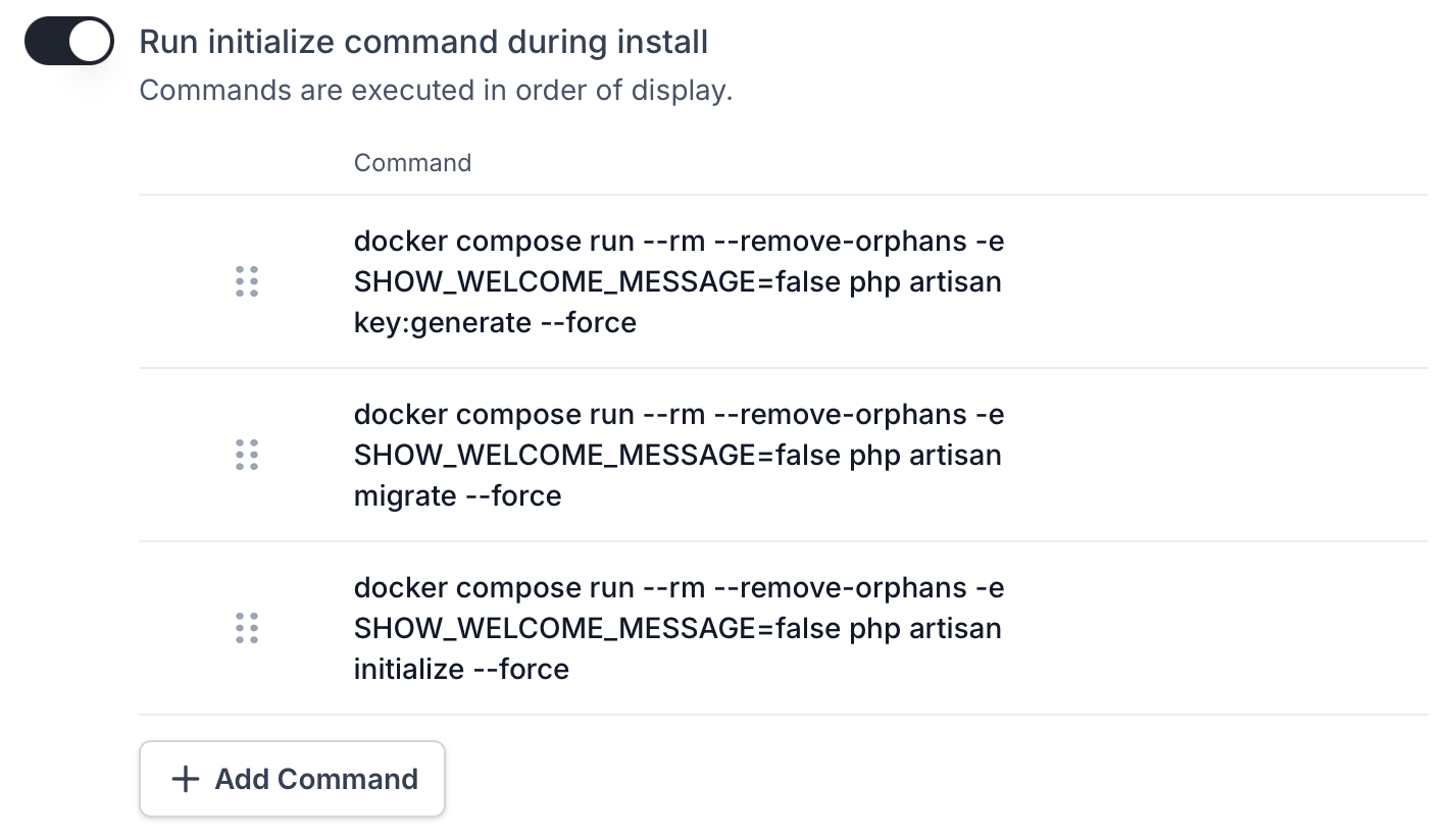 Initialize commands list with ordered setup tasks and drag-and-drop reordering